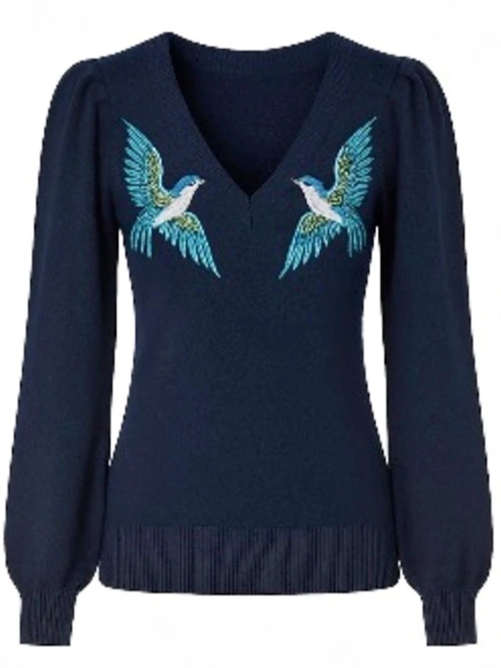 OXKNIT Cotton Embroidered V-Neck Sweater in Blue Size Small NWT